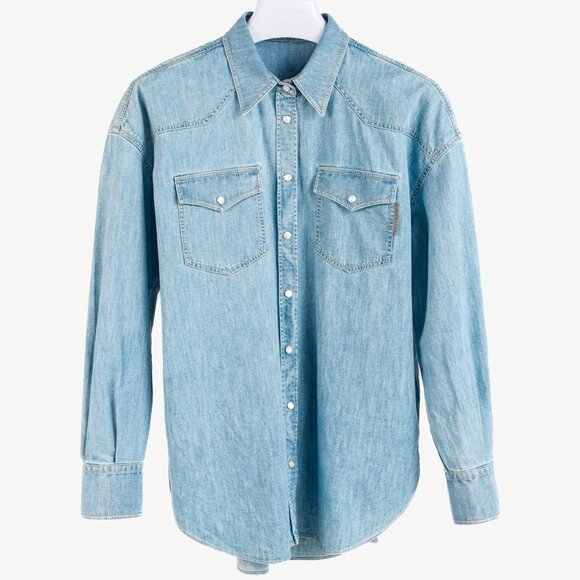 Brunello Cucinelli SS/22 Blue Monili-Trim Button-Down Long-Sleeved Denim Shirt
